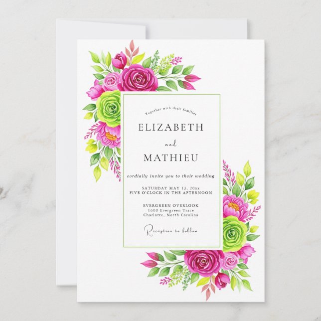 Magenta Lime Green Energetic Floral Wedding Invitation (Front)