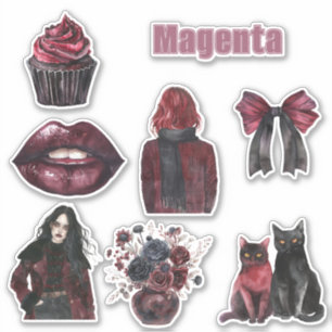 Magenta Lips Cats Flowers Bow Sticker