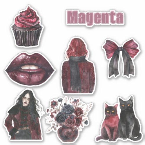 Magenta Lips Cats Flowers Bow Sticker