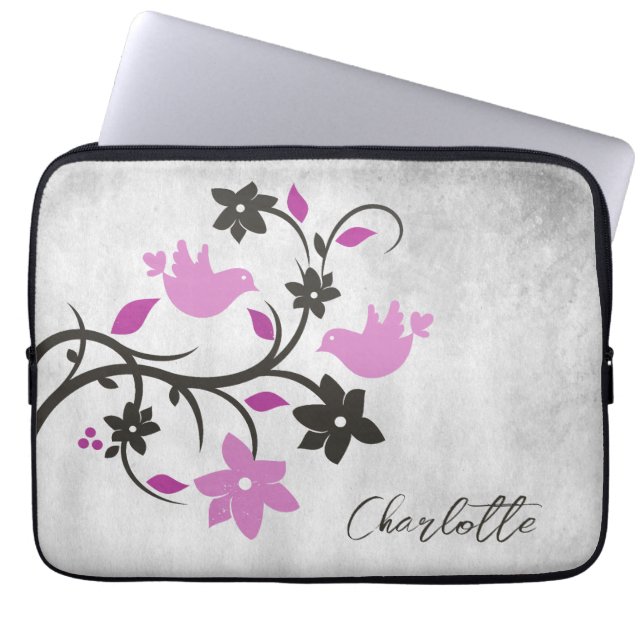 Magenta Lovebirds Personalized Laptop Sleeve (Front)