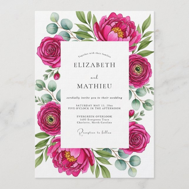 Magenta Lush Floral Whimsy Wedding Invitation (Front)