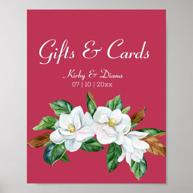  Magenta Magnolia Bouquet Wedding Sign (Front)