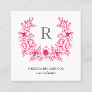 Magenta Magnolia Wreath Monogram social media Square Business Card