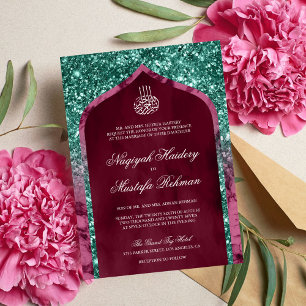 Magenta Marble Teal Glitter Arch Islamic Wedding Invitation