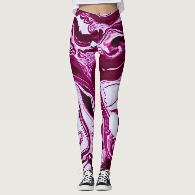 Magenta Marble Texture: Abstract Fluid Art Leggings (Front)