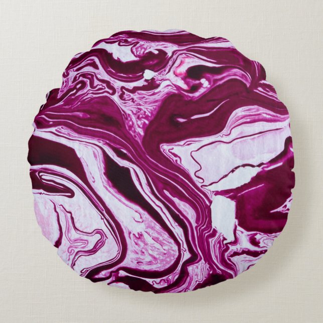 Magenta Marble Texture: Abstract Fluid Art Round Pillow (Front)