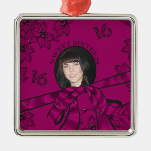 Magenta Metallic With Flowers Sweet 16 Add Photo Metal Ornament