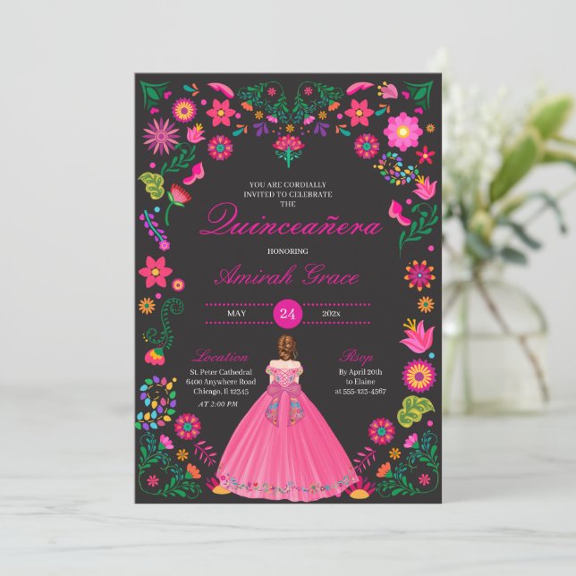 Magenta Mexican Embroidery Quinceañera Invitation (Standing Front)