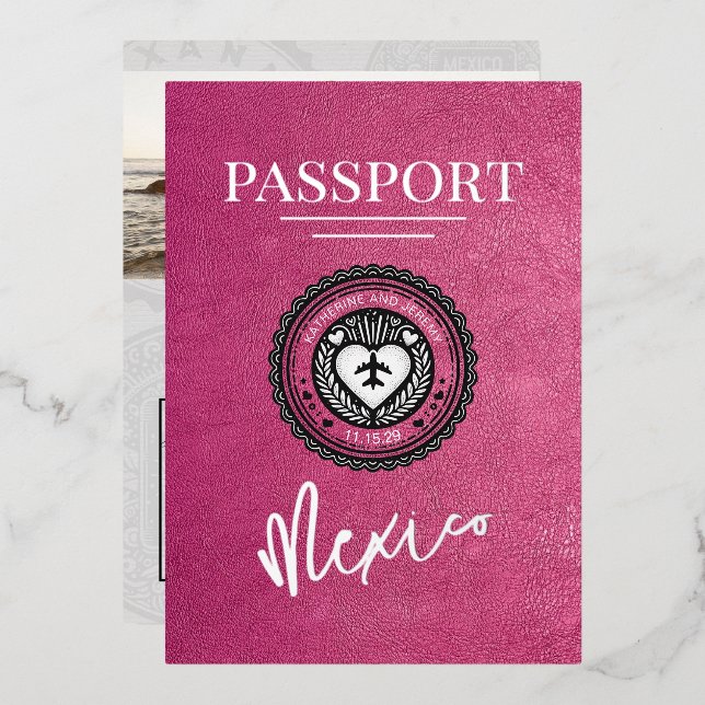 Magenta Mexico Passport Wedding Foil Invitation (Front/Back)