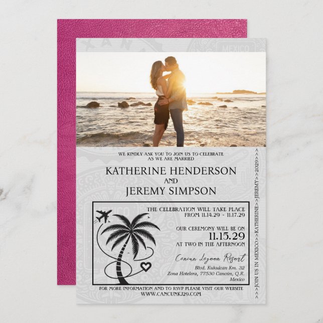 Magenta Mexico Passport Wedding Invitation (Front/Back)