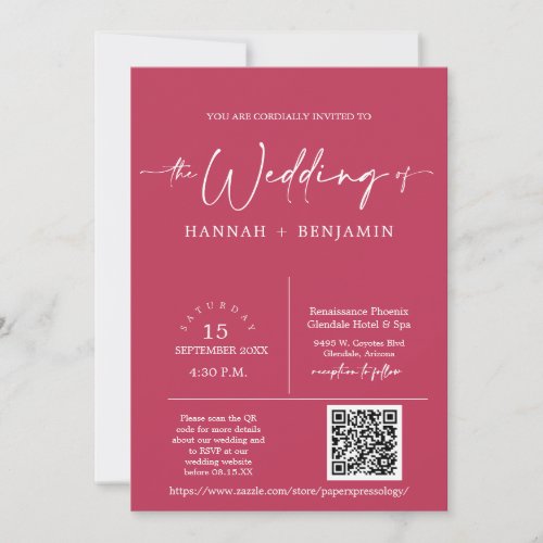 Magenta Minimal Script Wedding Arch QR Code Photo Invitation