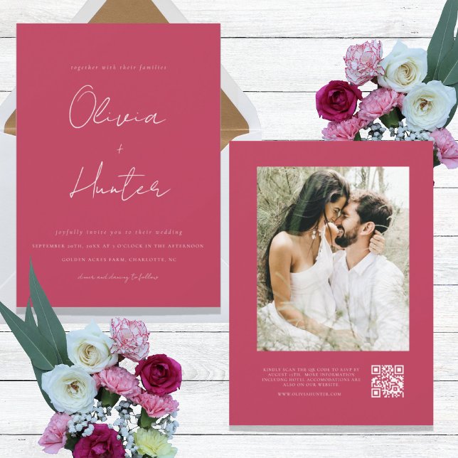 Magenta Minimalist QR Code Photo Wedding  Invitation (Creator Uploaded)