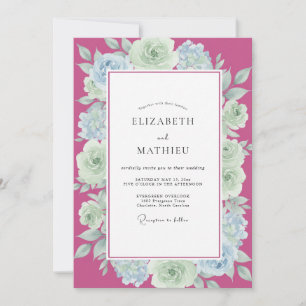 Magenta Mint Rose Wedding Invitation