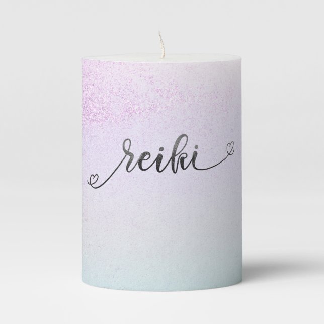 *~*  Magenta Mint Turquoise Black Glitter REIKI Fl Pillar Candle (Front)