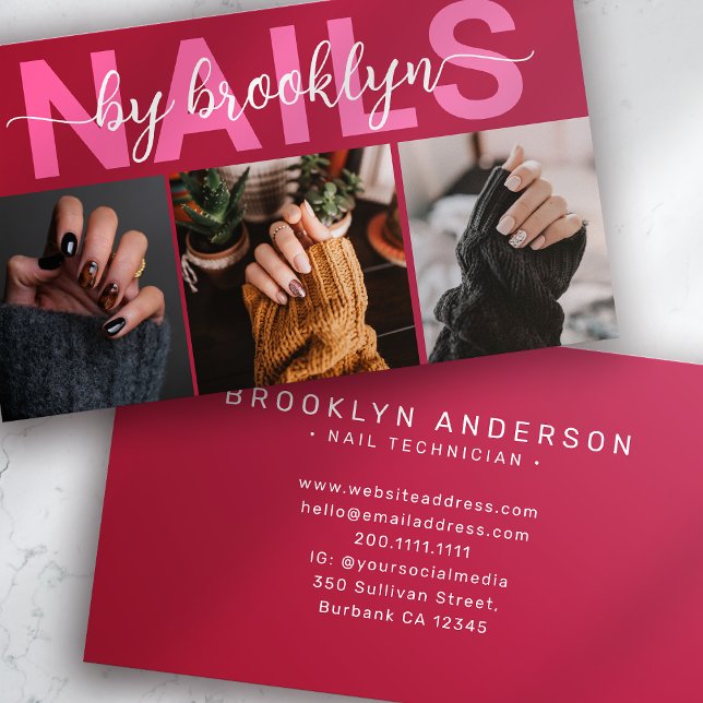 Magenta Modern Photo Typography Nail Artist Business Card (Creator Uploaded)