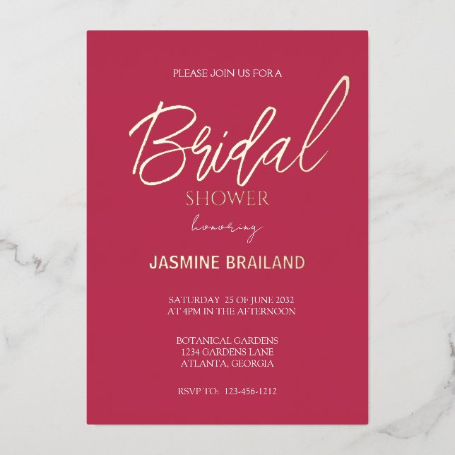 Magenta Modern Simple Bridal Shower Gold    Foil Invitation (Front)