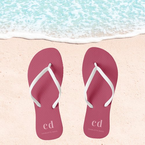 Magenta monogram name flip flops