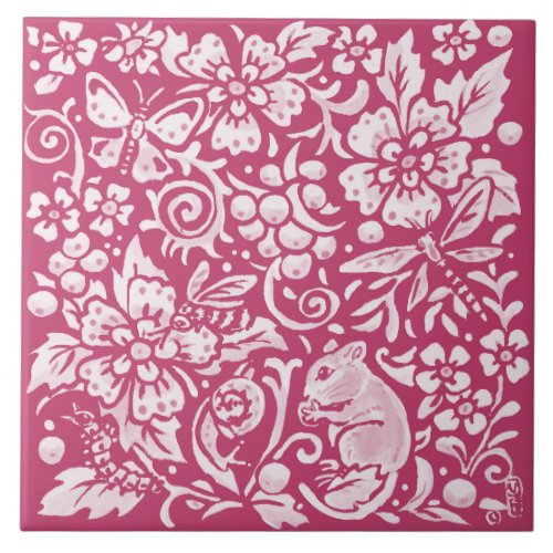 Magenta Mouse Snail Animal Nature Woodland Floral Ceramic Tile