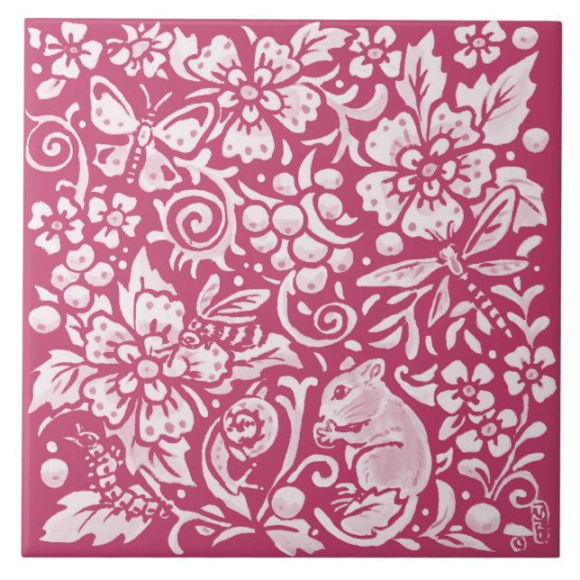 Magenta Mouse Snail Animal Nature Woodland Floral Ceramic Tile (Front)