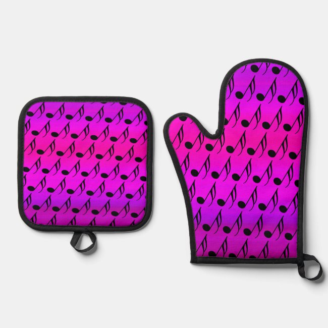 Magenta Musical Notes Oven Mitt and Pot Holder Set