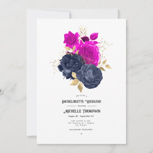 Magenta Navy and Gold Floral Bachelorette Weekend Invitation