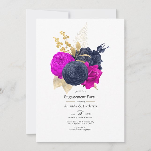 Magenta Navy and Gold Floral Engagement Party Invitation (Front)