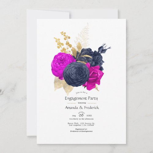 Magenta Navy and Gold Floral Engagement Party Invitation