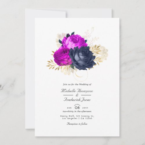 Magenta Navy and Gold Floral Wedding Invitation