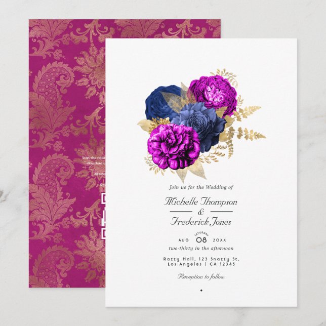Magenta Navy and Gold Floral Wedding QR Code Rsvp Invitation (Front/Back)