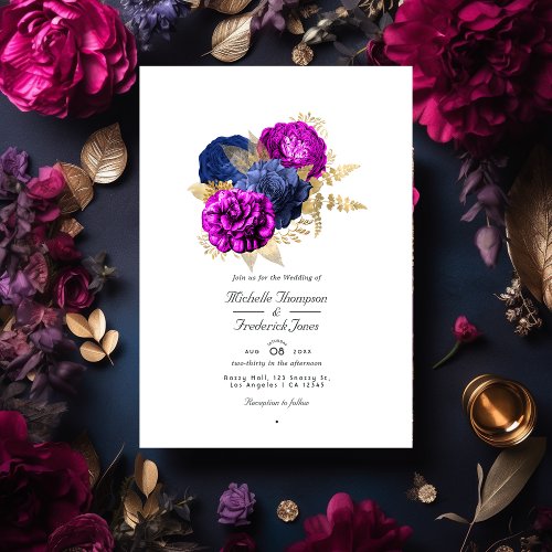 Magenta Navy and Gold Floral Wedding QR Code Rsvp Invitation