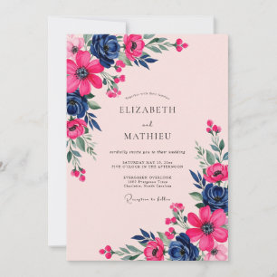 Magenta Navy Botanical Spring Wedding Invitation