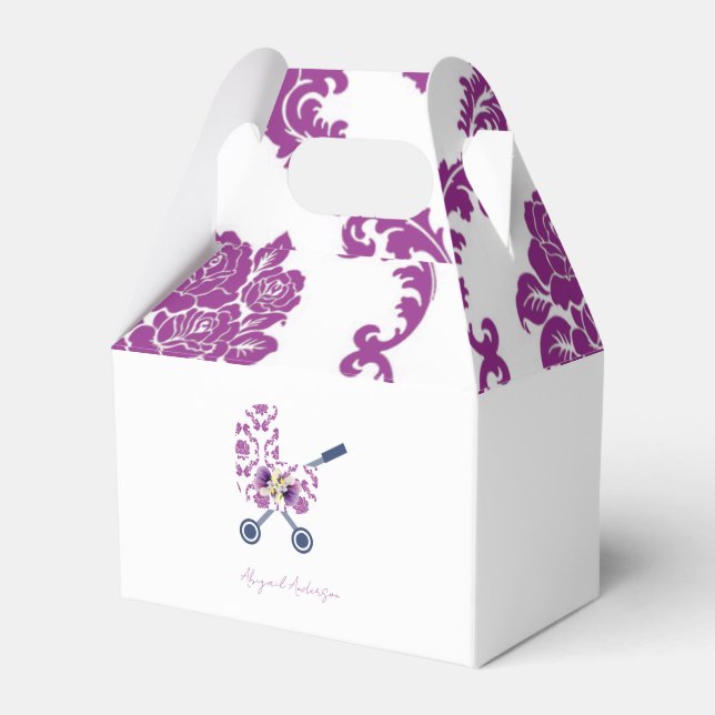 Magenta & Navy Damask Pram Baby Shower  Favor Boxes (Front Side)