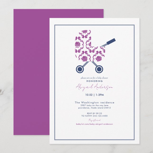 Magenta & Navy Damask Pram Baby Shower  Invitation (Front/Back)