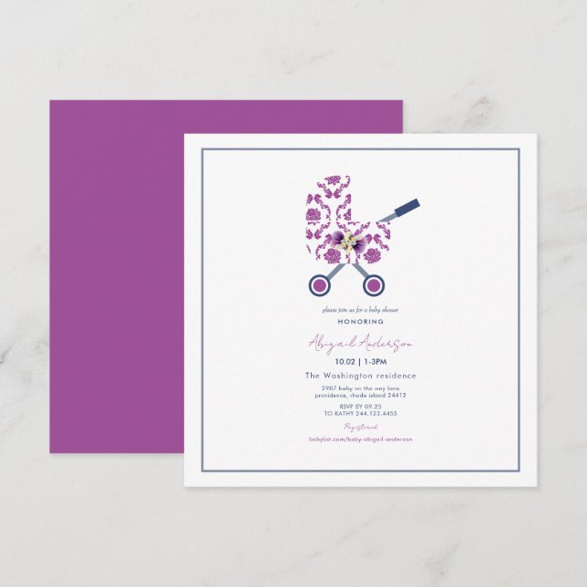 Magenta & Navy Damask Pram Baby Shower Square Invi Invitation (Front/Back)