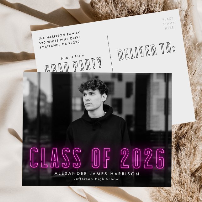 Magenta Neon Class of 2026 Photo Graduation Party Invitation Postcard (Creator Uploaded)