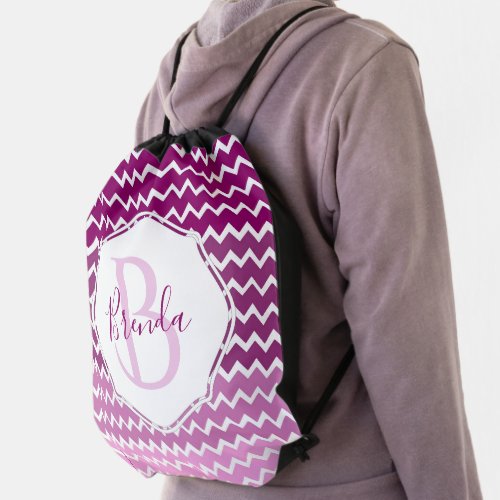 Magenta Ombre Chevron Personalize Drawstring Bag