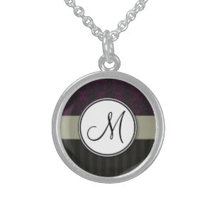 Magenta on Black Damask with Stripes and Monogram Sterling Silver Necklace