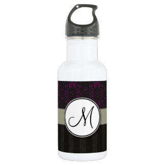 Magenta on Black Damask with Stripes and Monogram Water Bottle