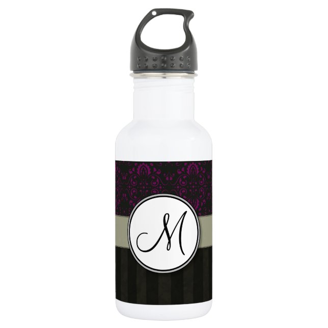 Magenta on Black Damask with Stripes and Monogram Water Bottle (Front)