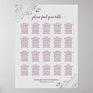 Magenta on Gray 20 Table Wedding Seating Chart