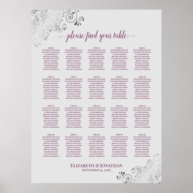 Magenta on Gray 20 Table Wedding Seating Chart (Front)