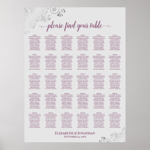 Magenta on Gray 30 Table Wedding Seating Chart