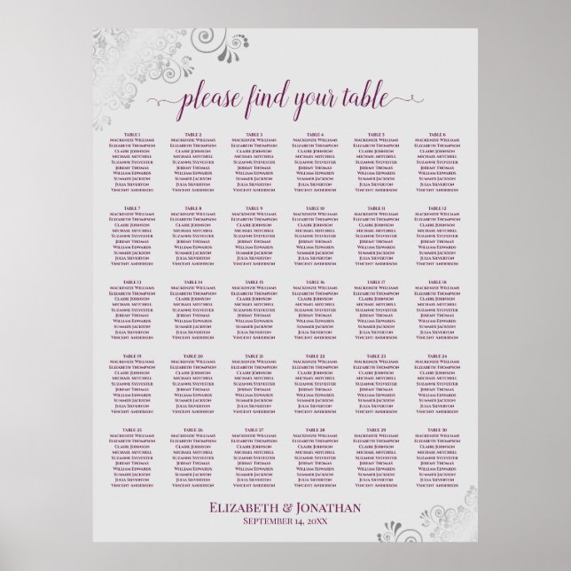Magenta on Gray 30 Table Wedding Seating Chart (Front)