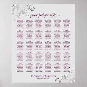 Magenta on Gray 30 Table Wedding Seating Chart
