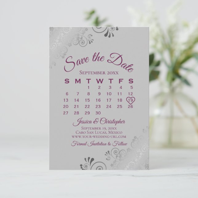 Magenta on Gray Silver Curls Wedding Calendar Save The Date (Standing Front)
