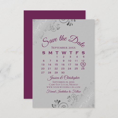 Magenta on Gray Silver Curls Wedding Calendar Save The Date