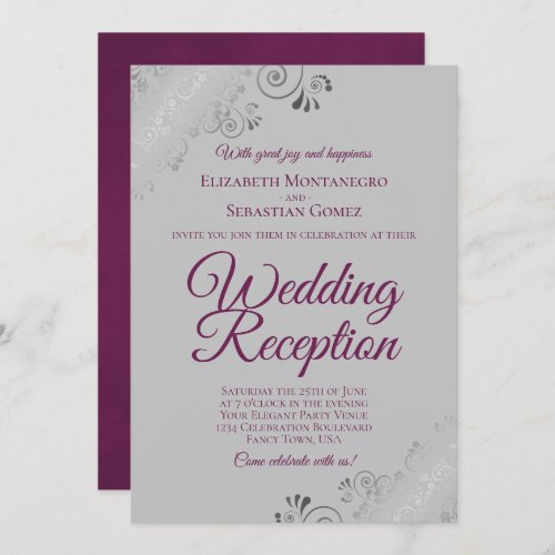Magenta on Gray Silver Frills Wedding Reception Invitation