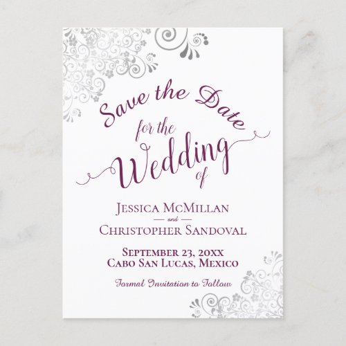 Magenta on White Lacy Silver Wedding Save the Date Announcement Postcard