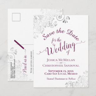Magenta on White Lacy Silver Wedding Save the Date Announcement Postcard