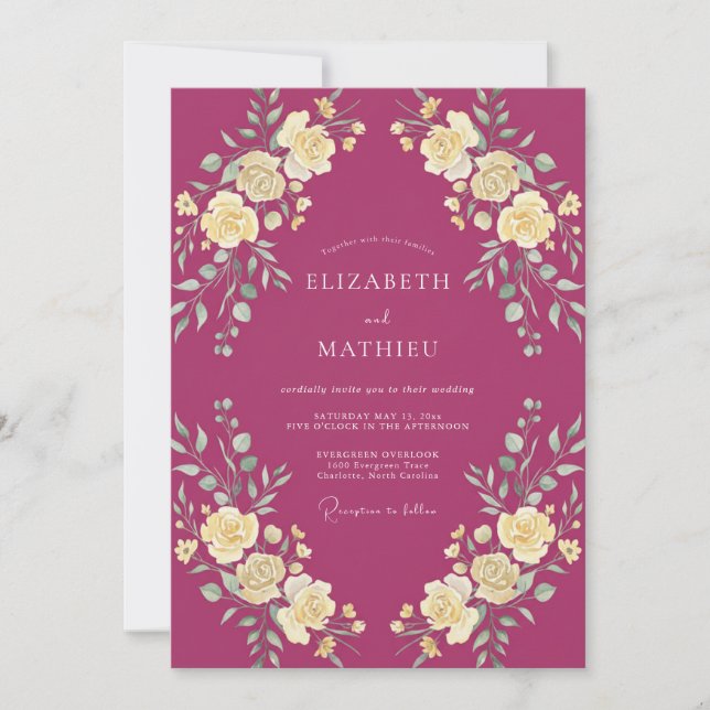 Magenta Opulent Botanical Wedding Invitation (Front)